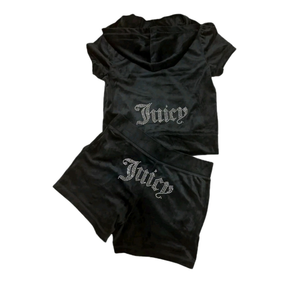 Juicy Couture Velvet Velour Black Lounge Outfit Set Shorts Zip Hoodie XL NWT